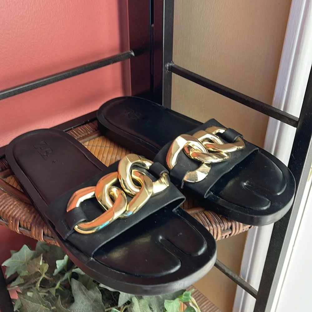 Zara Black Sandals with Gold Chain Detail 40 - Picture 3 of 3